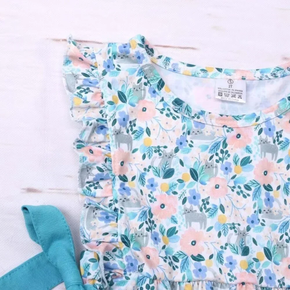 Boutique Floral Kitty Cat Baby Girls Pink Romper Jumpsuit